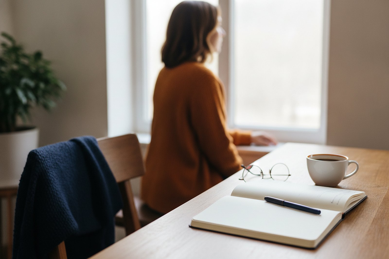 Open notebook, pen, glasses and coffee on a desk by a window
