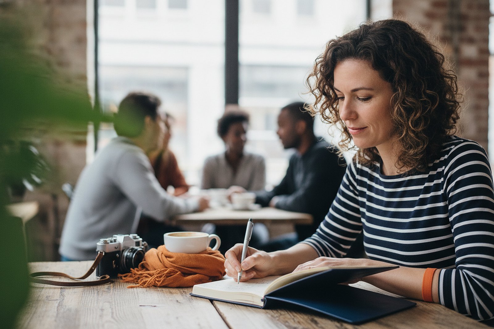 Woman writing in a notebook at a cafe table with coffee