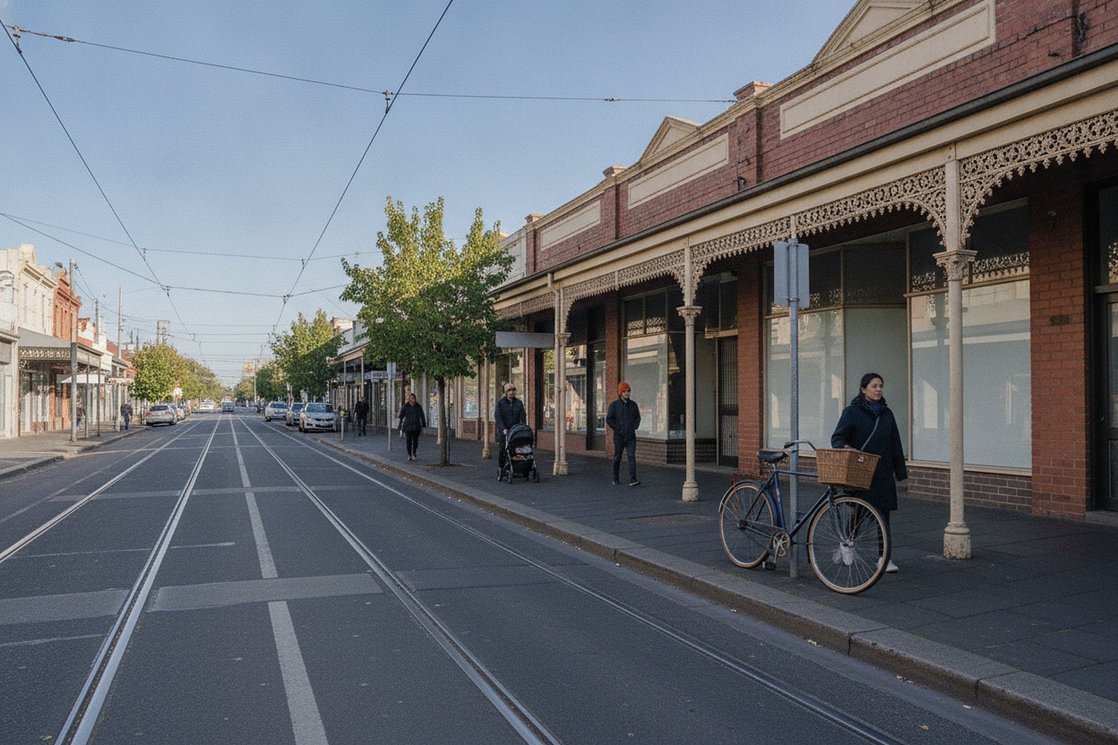 Tram tracks along a shopping strip with verandahs and people walking