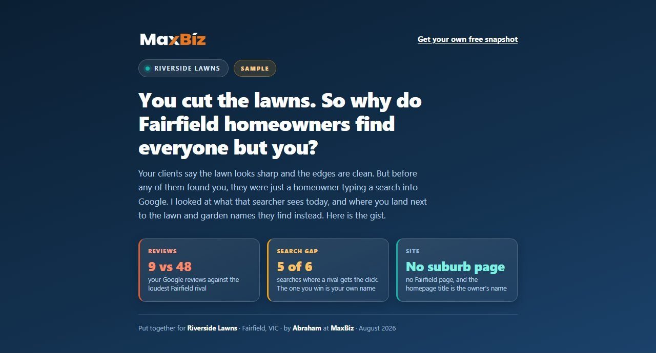 A sample MaxBiz free snapshot for a Fairfield lawn business, with reviews, search gap and site cards