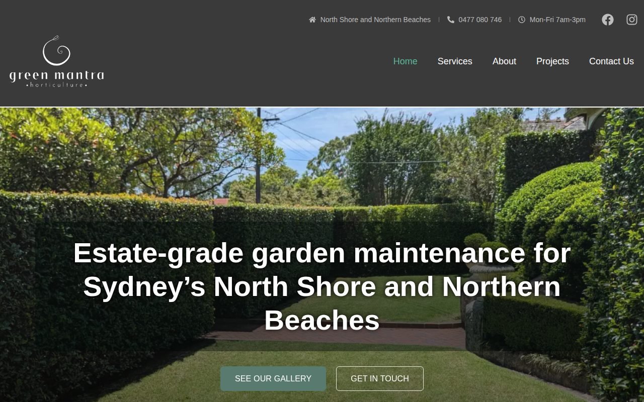 Green Mantra Horticulture homepage, with a hedged garden on the North Shore