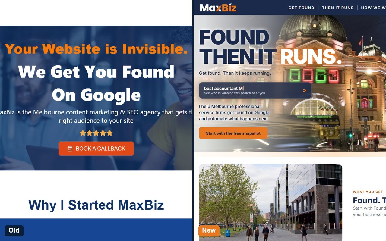 The old maxbiz.co beside the new MaxBiz site