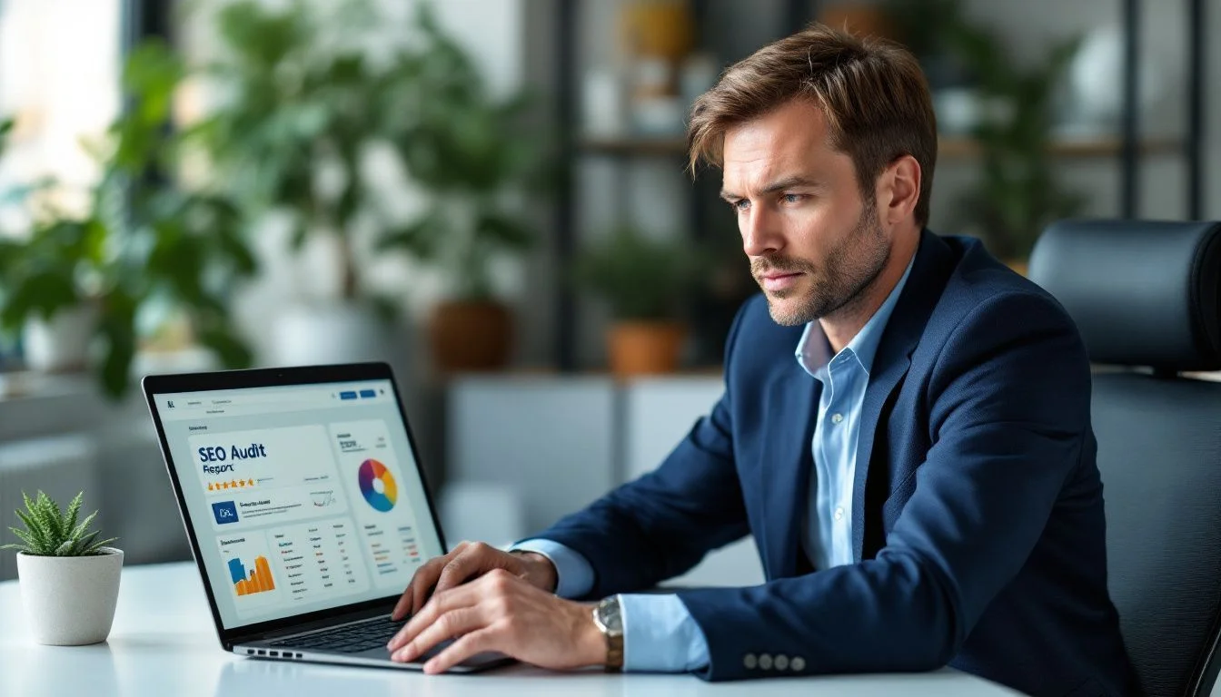 The Best White Label SEO audit tools. A man in a navy blazer is reviewing an SEO audit report on a laptop in a modern office.