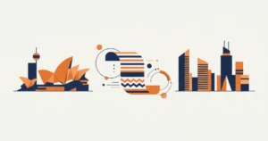 Content marketing agency Sydney Melbourne illustration with two skylines and document