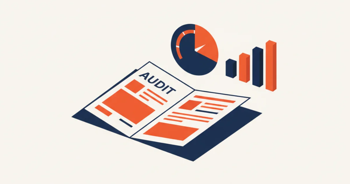 SEO audit services illustration with audit report and performance dial