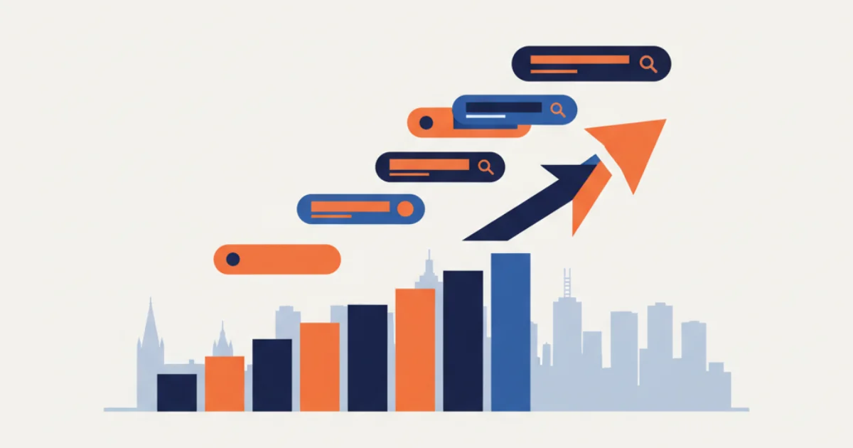 Melbourne SEO services illustration with growth chart and skyline accent