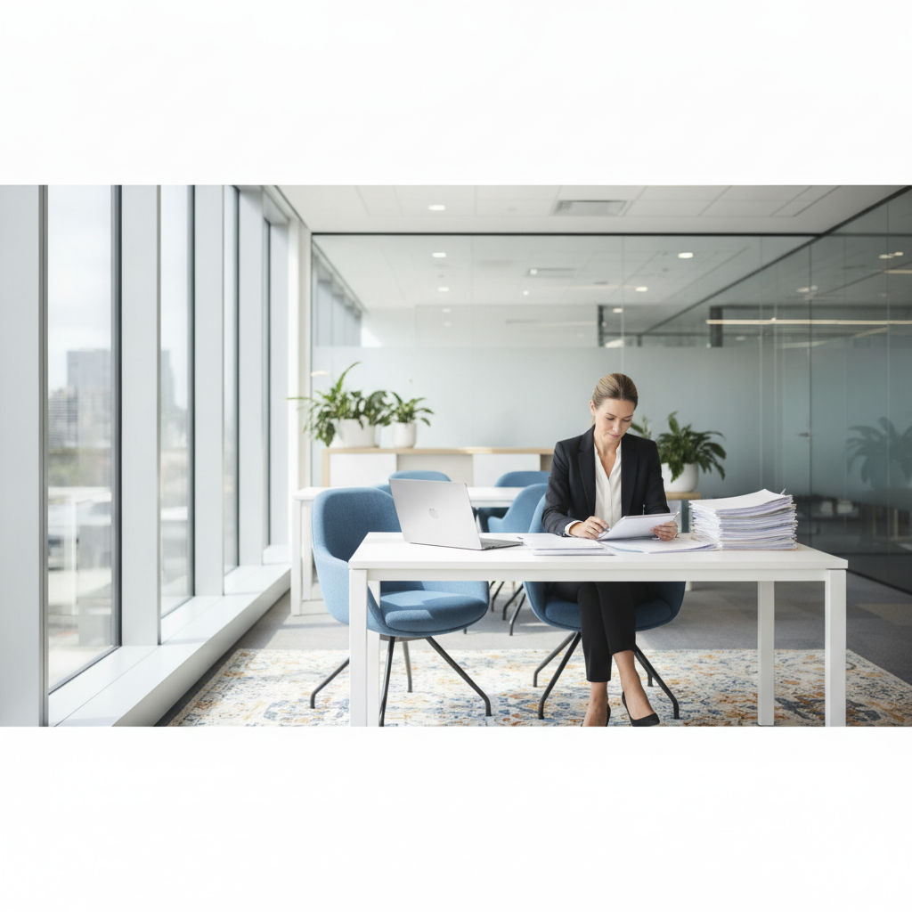 Melbourne accountant reviewing AML compliance documents at a desk