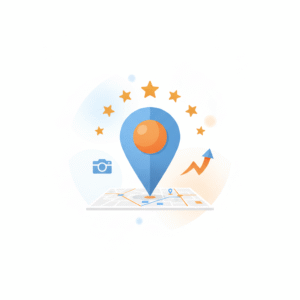 Active Google Business Profile map pin with review stars and growth arrow