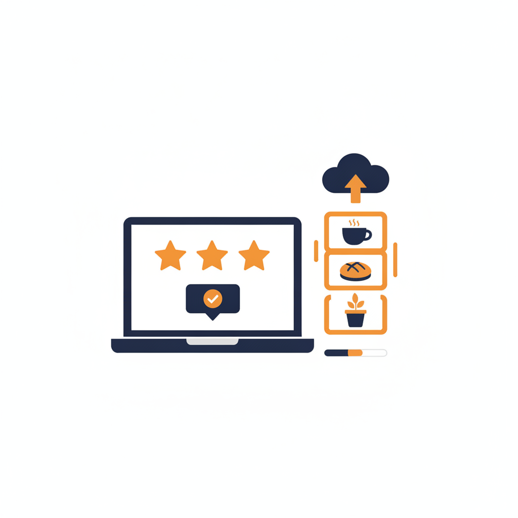 Laptop showing review replies and fresh photo uploads for a Google Business Profile