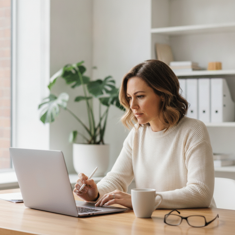 A small business owner working on her own website at a laptop