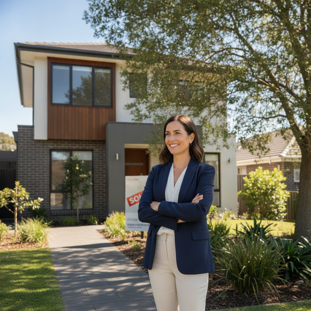 A Melbourne real estate agent outside a suburban property, where local pack signals decide rankings