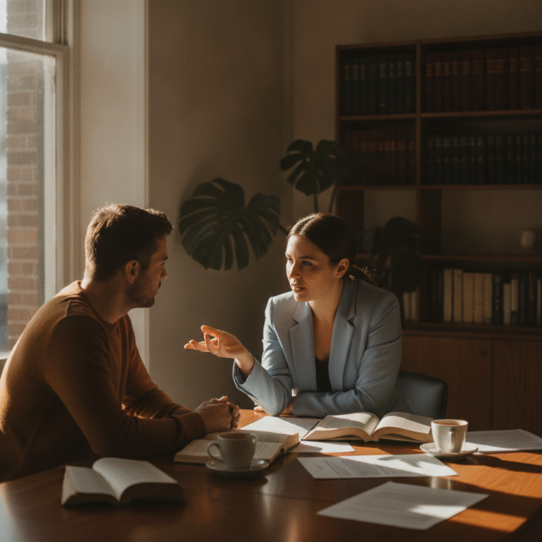 A Melbourne lawyer explaining a matter to a client across a meeting table