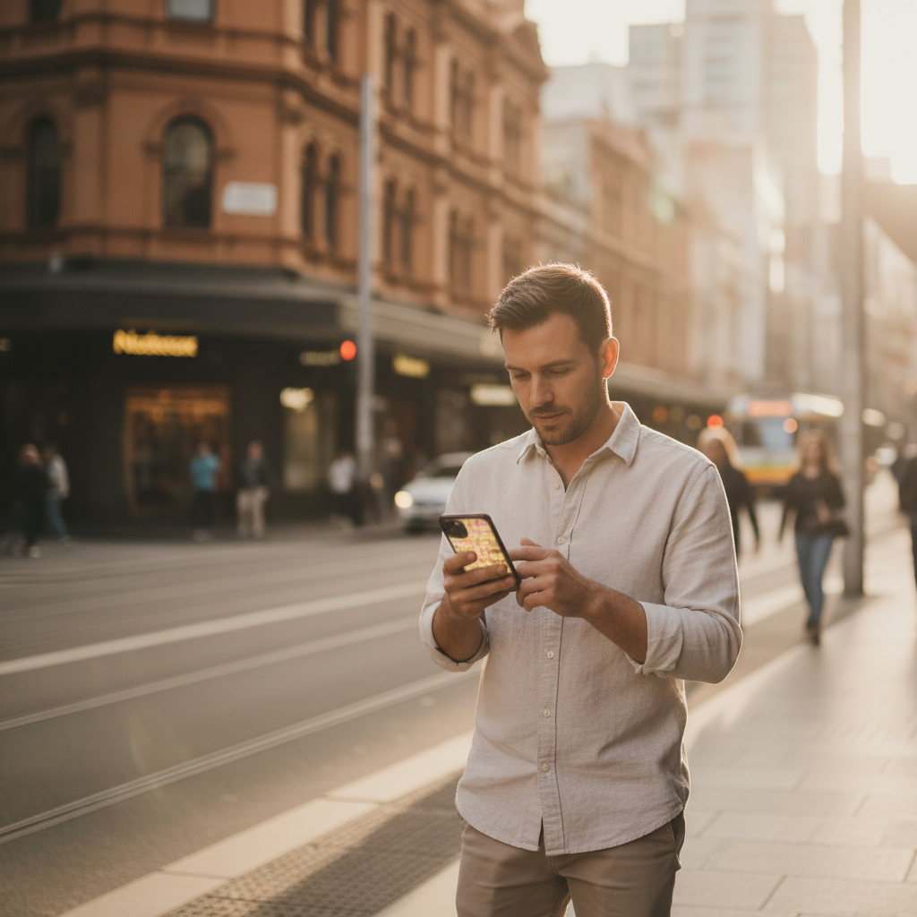 A Melbourne local looking up a nearby business on an iPhone in the street