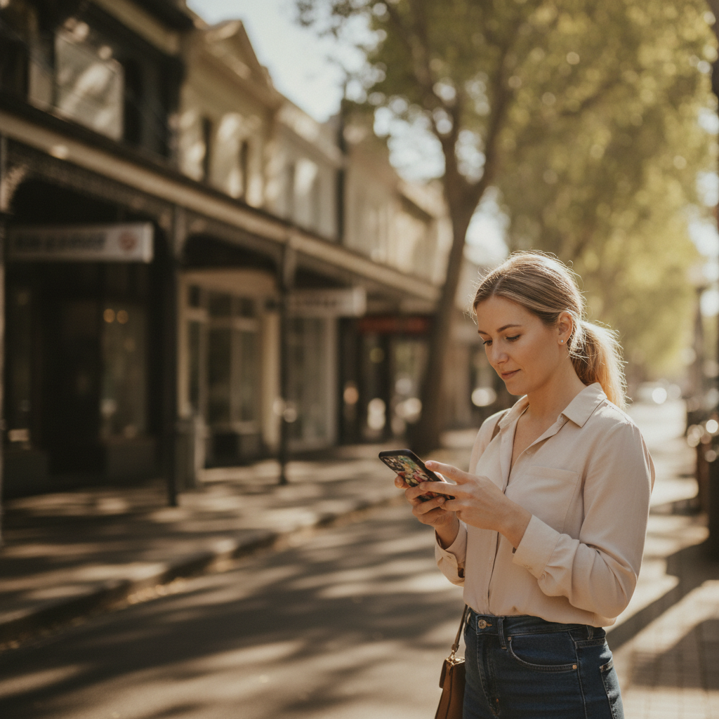 A customer searching for a local Melbourne business on her phone in the street