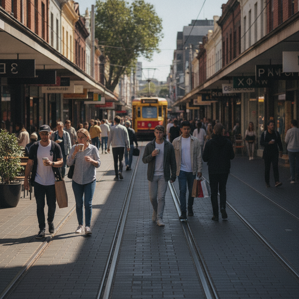 Dense Sydney Road Brunswick strip in postcode 3056 with many small firms