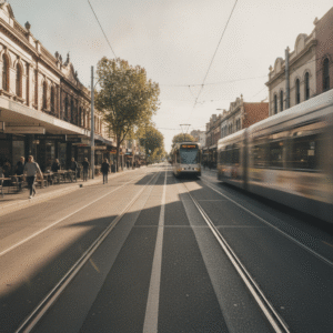 Photograph of Sydney Road Brunswick with a Google location pin over a local shop
