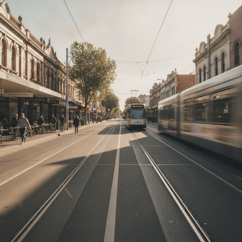 Photograph of Sydney Road Brunswick with a Google location pin over a local shop