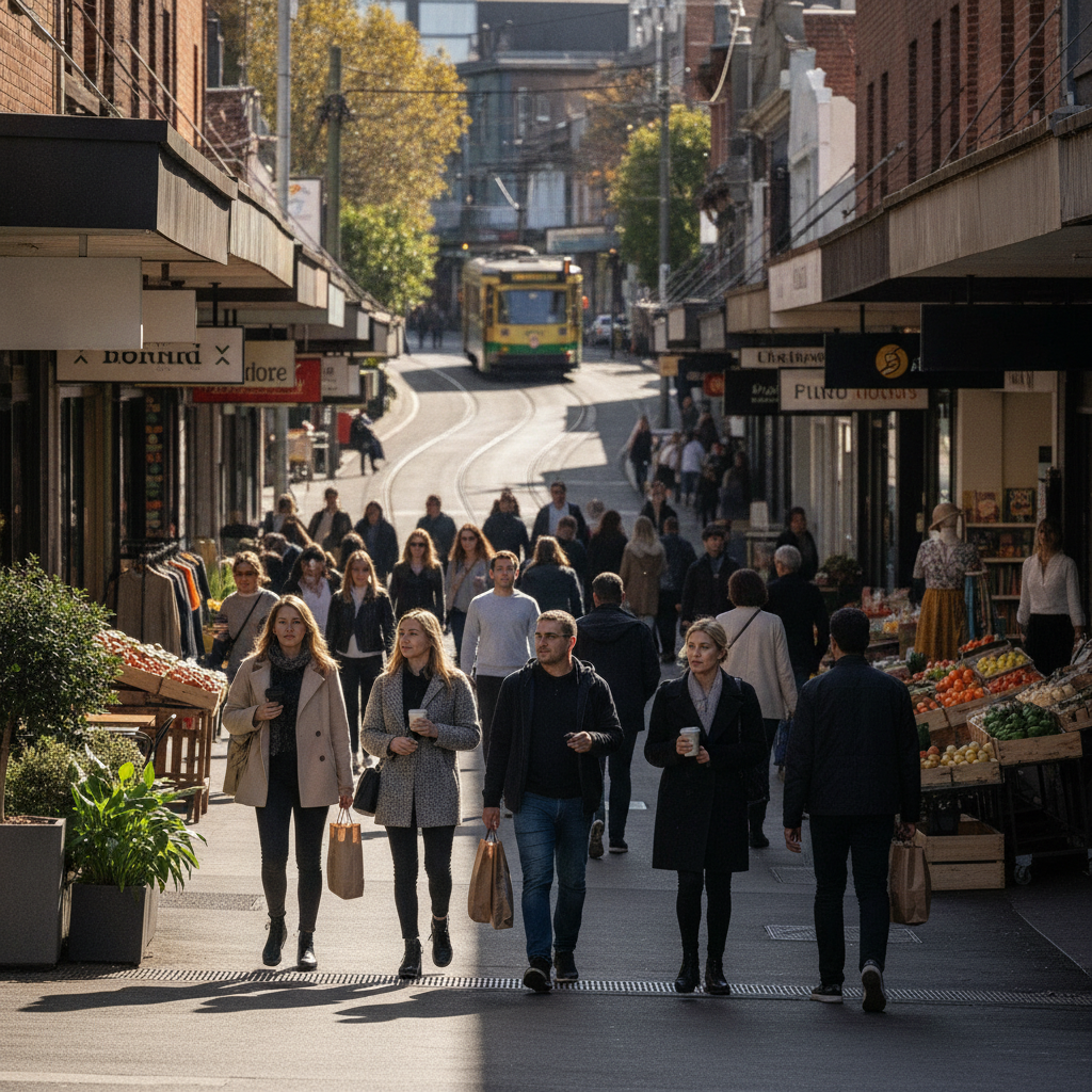 Coburg high street with a Google location pin over a local shop