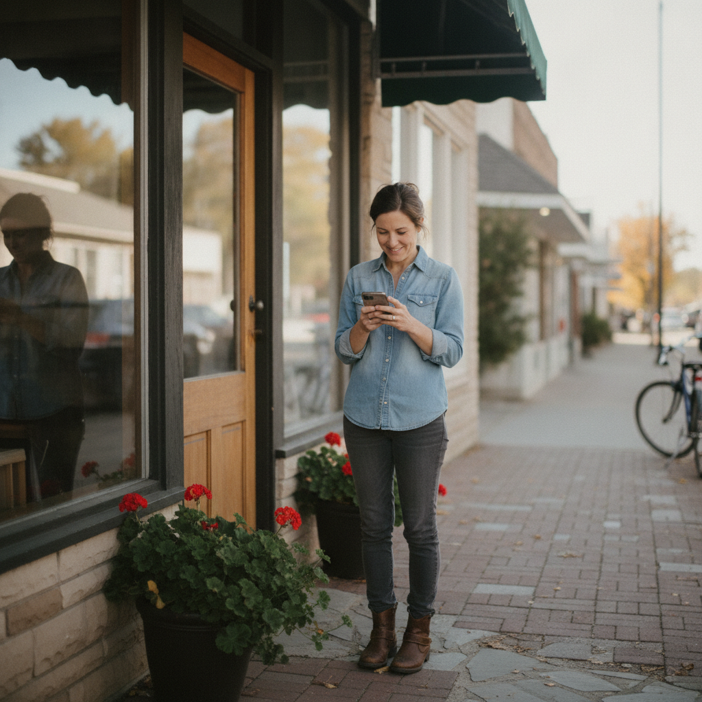 Coburg shop owner checking their spot in local search on a phone