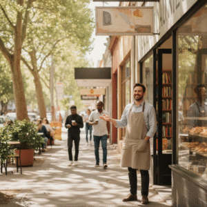 Photograph of a Coburg high street with a Google location pin over a local shop