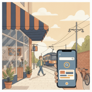 Bright Melbourne shopping street with a phone showing a local search result