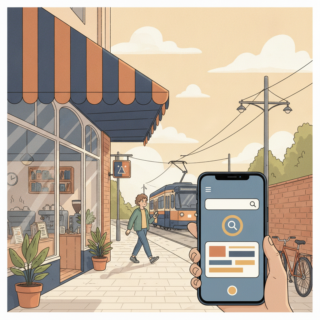 Bright Melbourne shopping street with a phone showing a local search result