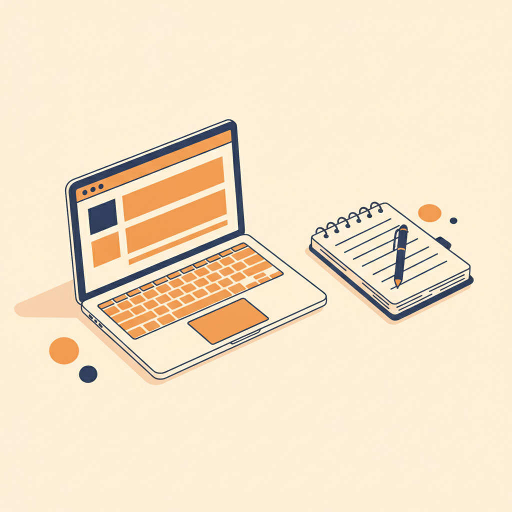 A desk with a laptop showing a simple website layout and clear page structure